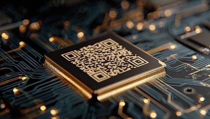 Close-up of a gold-edged QR code chip on a complex circuit board.  Intricate circuit paths crisscross the dark background.  Golden highlights accentuate the details