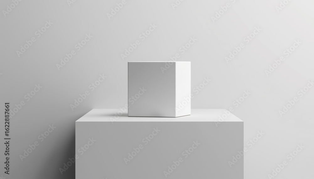 Poster geometric shapes on gray wall: abstract white cube render for product display and website showcase. 