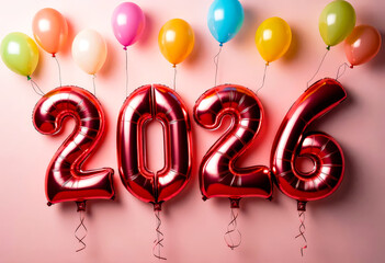 Vibrant 2026 New Year celebration scene with red foil balloon numbers and colorful party balloons tightly filling a light pink background. Bold layout with festive energy.