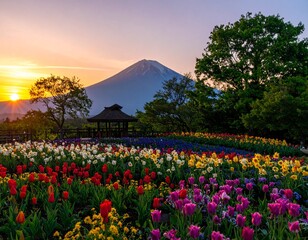 Colorful Flower Garden at Sunrise – High-Resolution Realistic Scene with Tulips, Daisies, Sunflowers, Golden Morning Light, Dewdrops, and Soft Pastel Sky in Peaceful Nature Landscape