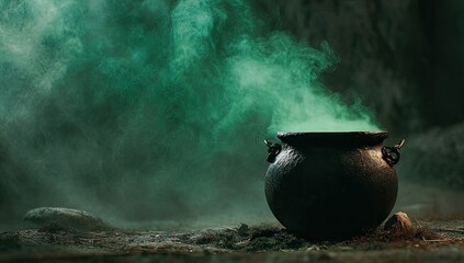 Dark cauldron steaming with emerald green smoke in a shadowy, mysterious setting