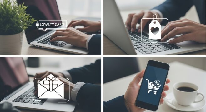 Modern online shopping and loyalty program concepts: User interacting with laptop and smartphone for deals and rewards