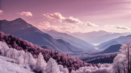 Majestic snow covered mountain peaks bathed in soft pink light under a cloudy sky