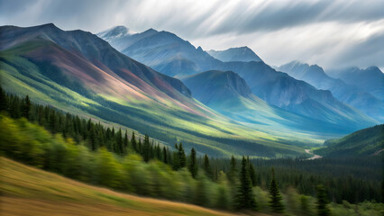 Misty mountain range with layered peaks shrouded in soft atmospheric haze at sunrise