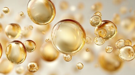Fototapeta premium Golden spheres, translucent and glossy, float in a soft, light beige background