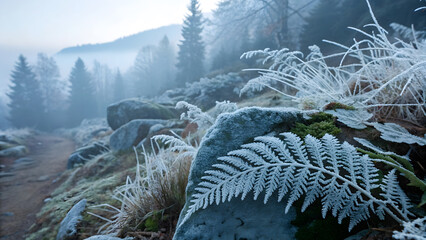 Frost covered ferns and icy branches on a misty mountain slope with evergreen trees in the background