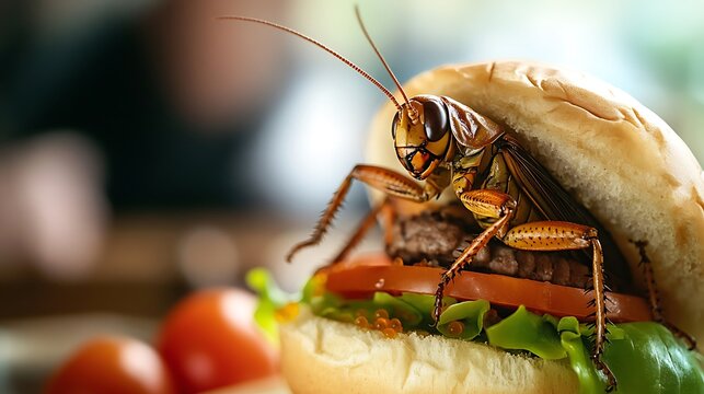 Cockroach on a hamburger with tomatoes and lettuce