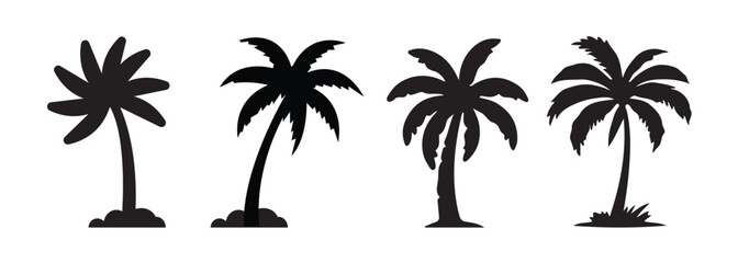 Monocrhome palm tree shiloutte vector.Palm trees.Palm tree silhouettes set – black palm tree shapes collection, isolated vector on white background.