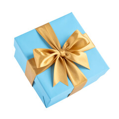 blue gift box with golden bow isolated on transparent png