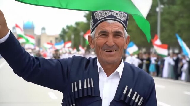 elderly tajik man in traditional attire and skullcap smiling and waving flag during cultural parade. celebratory against background of crowd of people. event celebration, tajikistan national day