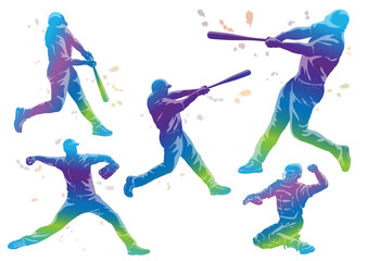 A dynamic set of baseball player silhouettes in various action poses, rendered in a vibrant, colorful watercolor style. Vector illustration.