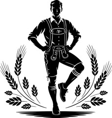 silhouette vector of a man walking confidently wearing traditional Bavarian lederhosen