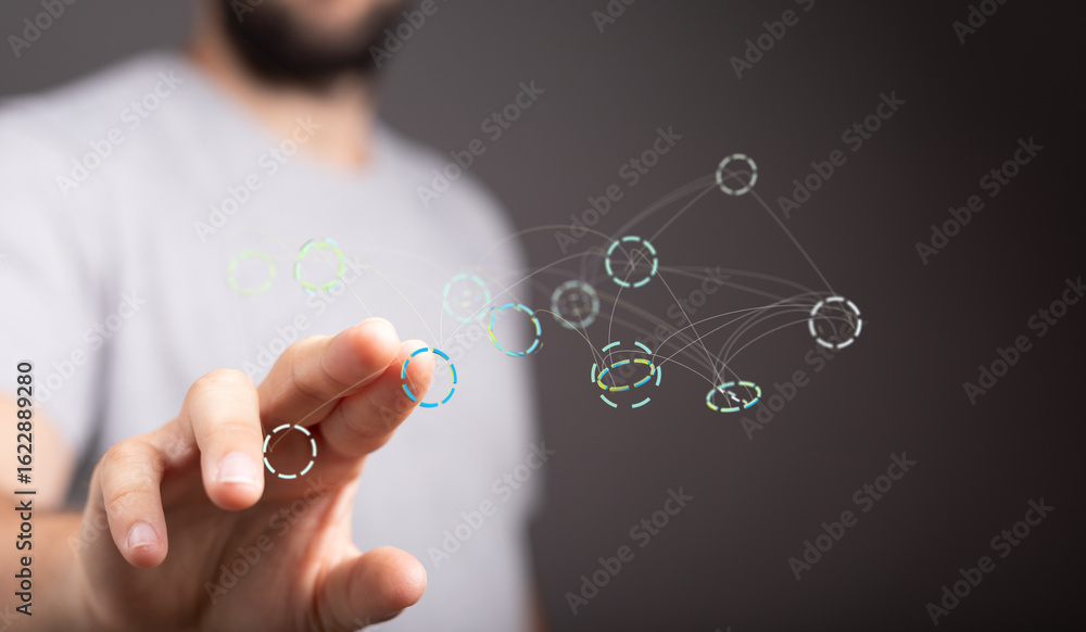 Poster image of a person interacting with a digital network visualization, perfect for technology and conne