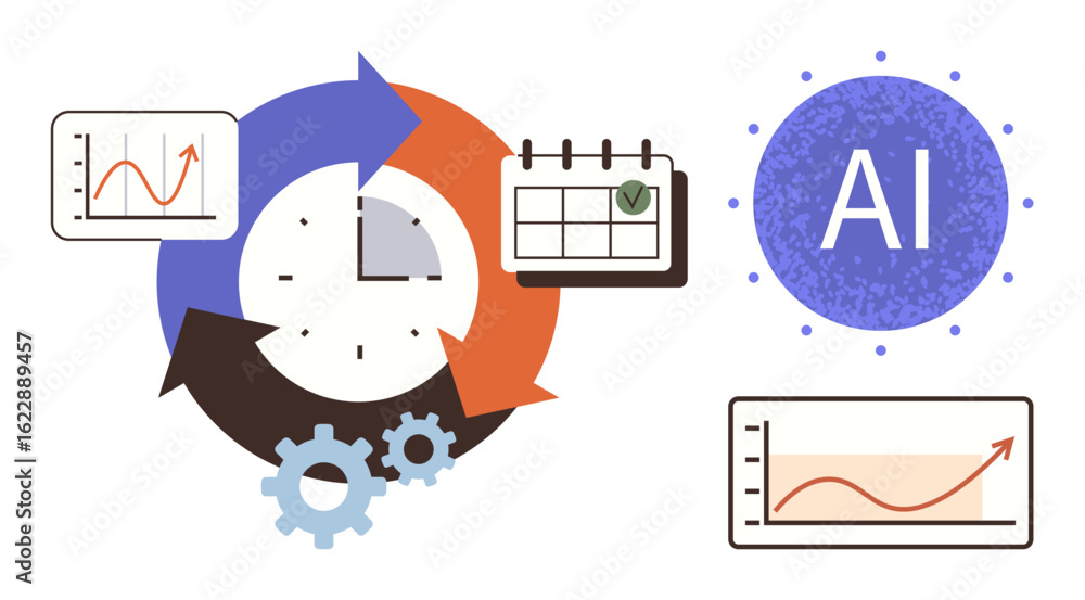 Poster circular workflow process with arrows, clock, gears, charts, calendar, and ai concept. ideal for aut