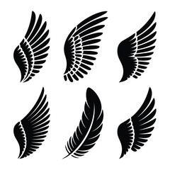 Obraz premium A set of 6 bird wing and feather silhouette combinations, full black fill, no background.