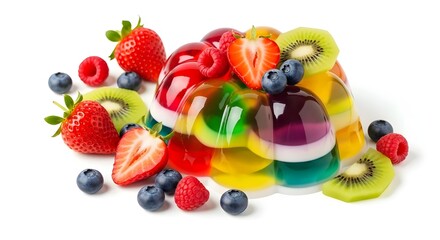 Colorful jelly dessert with fresh fruits isolated on white background layered with berries