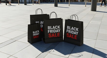 Black Friday Shopping Bags on Sidewalk in Urban Area