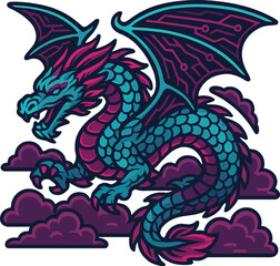 Obraz premium Cyberpunk dragon with tech wings and neon scales flying through digital clouds in vector style