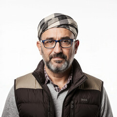 Fototapeta premium Portrait of a thoughtful man with glasses and turban: A close-up shot of a man with a serene and contemplative expression. He is wearing spectacles and a traditional turban.