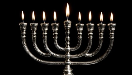 Fototapeta premium A silver menorah with lit candles on a black background