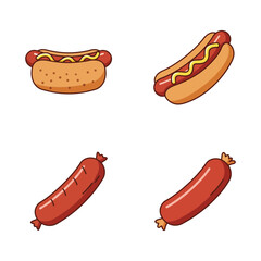 Cartoon Hot Dogs and Sausages on White Background Fast Food Illustration