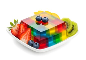 Colorful jelly dessert with fresh fruits isolated on white background in a plate