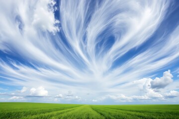 Vast green field under a dramatic sky with wispy clouds nature landscape