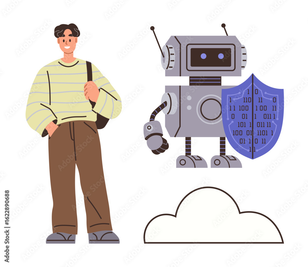 Poster man standing next to robot holding digital shield and outlined cloud. ideal for cybersecurity, ai pr