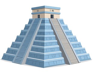 3D cartoon Chichen Itza Pyramid with steep stone steps, flat top, and ancient Mayan details. 