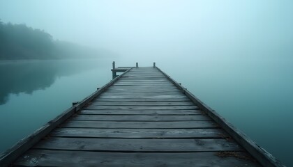Fototapeta premium Wooden Pier in the fog Extending into Misty Teal Lake 