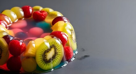 Colorful jelly dessert with fresh fruits on dark background fruity