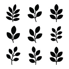 A set of 9 leaf, bud, and plant-inspired filled black designs with natural curvature and smooth edges