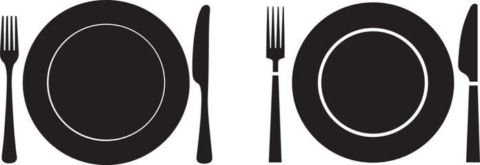 Set of Two Black Silhouette Dinner Plate and Cutlery Icons for Restaurant and Food Designs