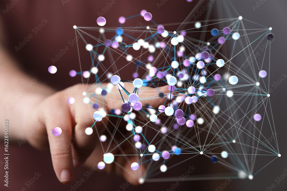 Poster abstract image of a hand interacting with a complex network of interconnected nodes. represents glob