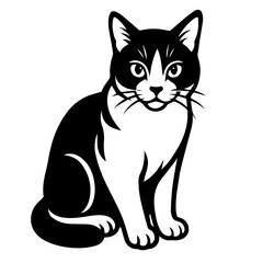 Black and White Vector Illustration of a Sitting Cat with Expressive Eyes