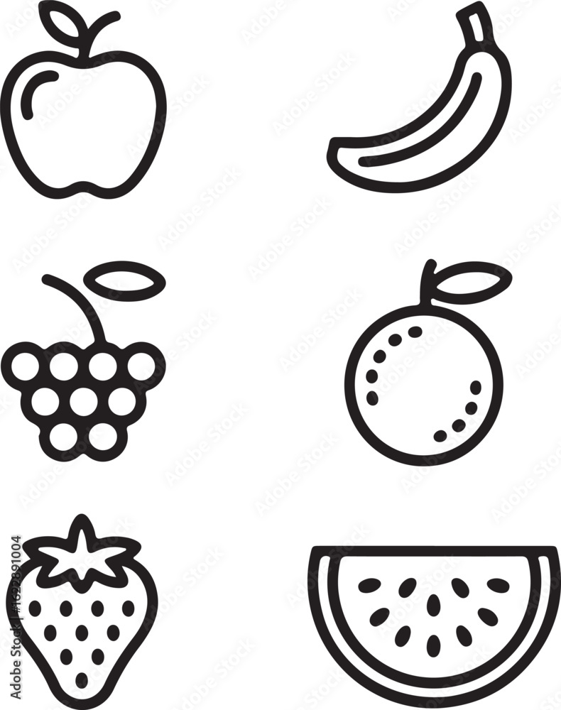Poster set of simple outline icons representing various fruits including an apple banana grapes orange stra