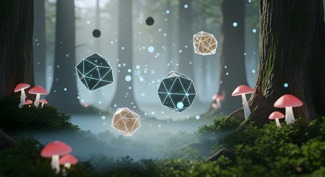 Surreal Forest Scene with Floating Geometric Shapes and Bioluminescent Mushrooms, Ethereal Woodland Landscape with Glowing Orbs and Fantastical Fungi