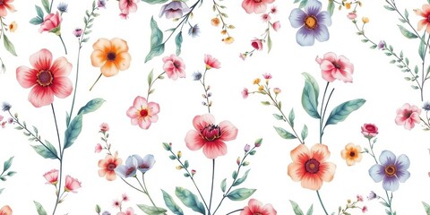 Delicate watercolor wildflowers & leaves on faded pastel background, seamless repeat for vintage aesthetic,  textile,  faded