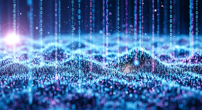 Abstract digital data stream with binary code background - Powered by Adobe