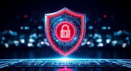 Digital security shield with padlock icon on a keyboard