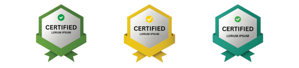 Modern Certified Badge Vector Set – Green, Yellow, Blue Ribbon Icons