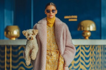 Elegant Woman in Pastel Fashion Holding a Small Fluffy Dog