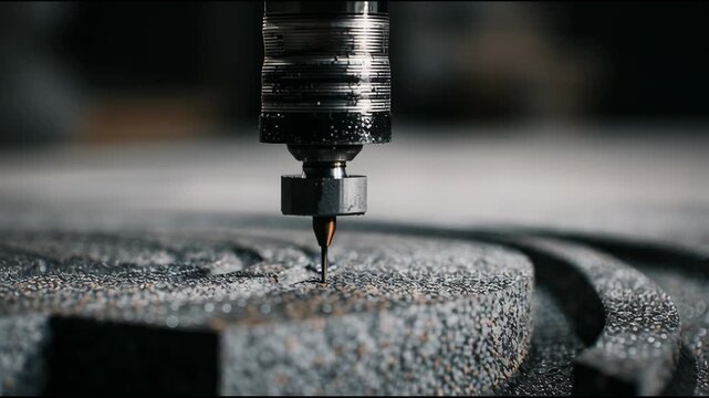 An extreme close-up captures the nozzle head delicately printing on a textured surface. The process highlights the precision and detail involved in modern printing techniques