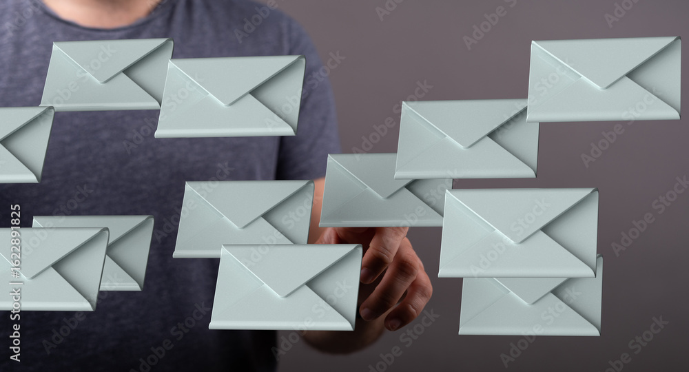 Poster person digitally managing many emails. concept of inbox overload, email management.