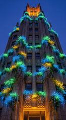 Fototapeta premium Night view of illuminated building facade, decorated with blue, green, and yellow lights resembling cascading plants, creating a festive and magical atmosphere