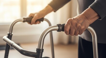 Obraz premium Senior Hands on Walker Mobility Aid Close Up Photo