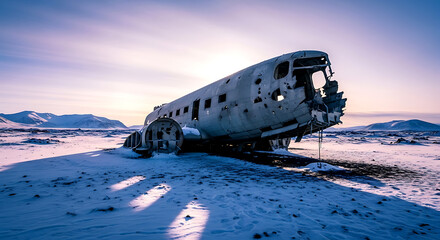 Abandoned airplane wreckage in a desolate snowy landscape