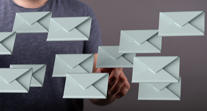 Person digitally managing many emails.  Concept of inbox overload, email management. - Powered by Adobe