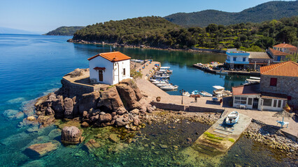 The little church of Panagia gorgona situated on a rock in Skala Sykamias, a picturesque seaside...