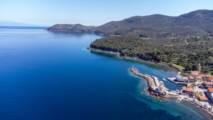 The little church of Panagia gorgona situated on a rock in Skala Sykamias, a picturesque seaside...